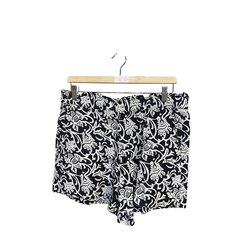 LOFT Black White Floral Linen Blend Paperbag Waist Shorts Womens Large